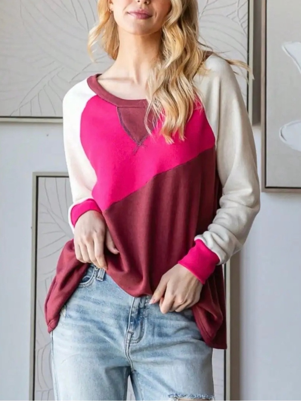 Hopely Lightweight Colorblock Raglan Sweatshirt in Pink, Maroon & Cream
